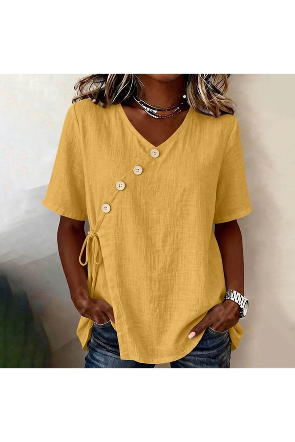 Women Short Sleeve V Neck Linen Cotton Tee Asymmetrical Wrap Blouse Button Side Tie Casual Tunic Tops