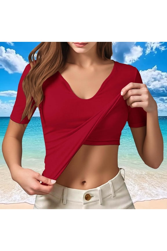 Short Sleeve for Women V Neck Top Stretch Slim Fit Cropped Midriff Baring Solid Casual Basic Short Sleeve Tees