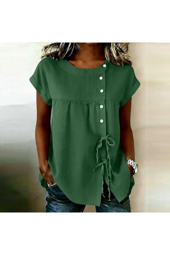 Short Sleeve for Womens Linen Cotton Blouse Drawstring Waist Button Down Tunic Tops Loose Fit Casual Summer Shirts