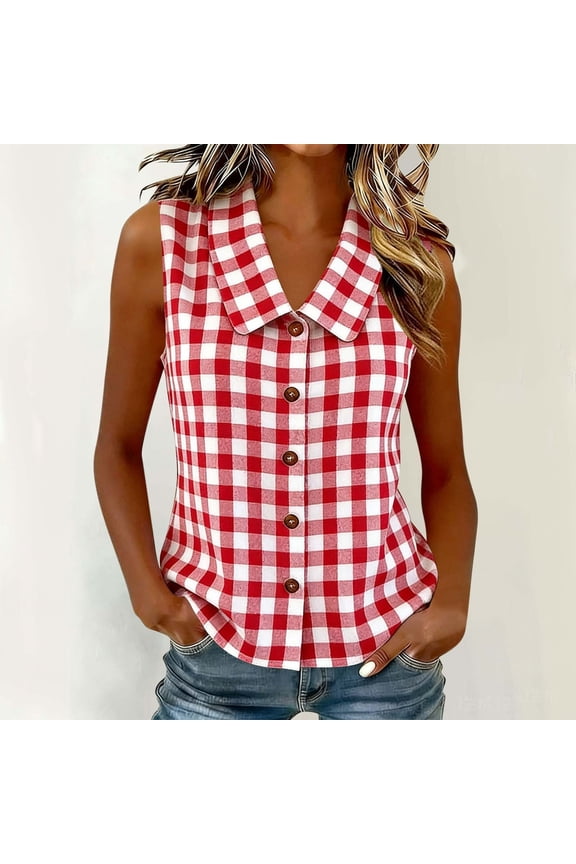 Sleeveless Collar Gingham Plaid Vests for Women Button Front Curved Hem Casual Summer Ladies Check Tank Waistcoat Tops S-XXL
