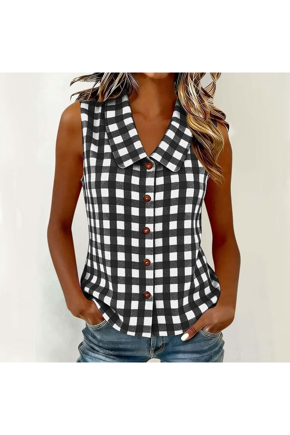 Sleeveless Collar Gingham Plaid Vests for Women Button Front Curved Hem Casual Summer Ladies Check Tank Waistcoat Tops S-XXL
