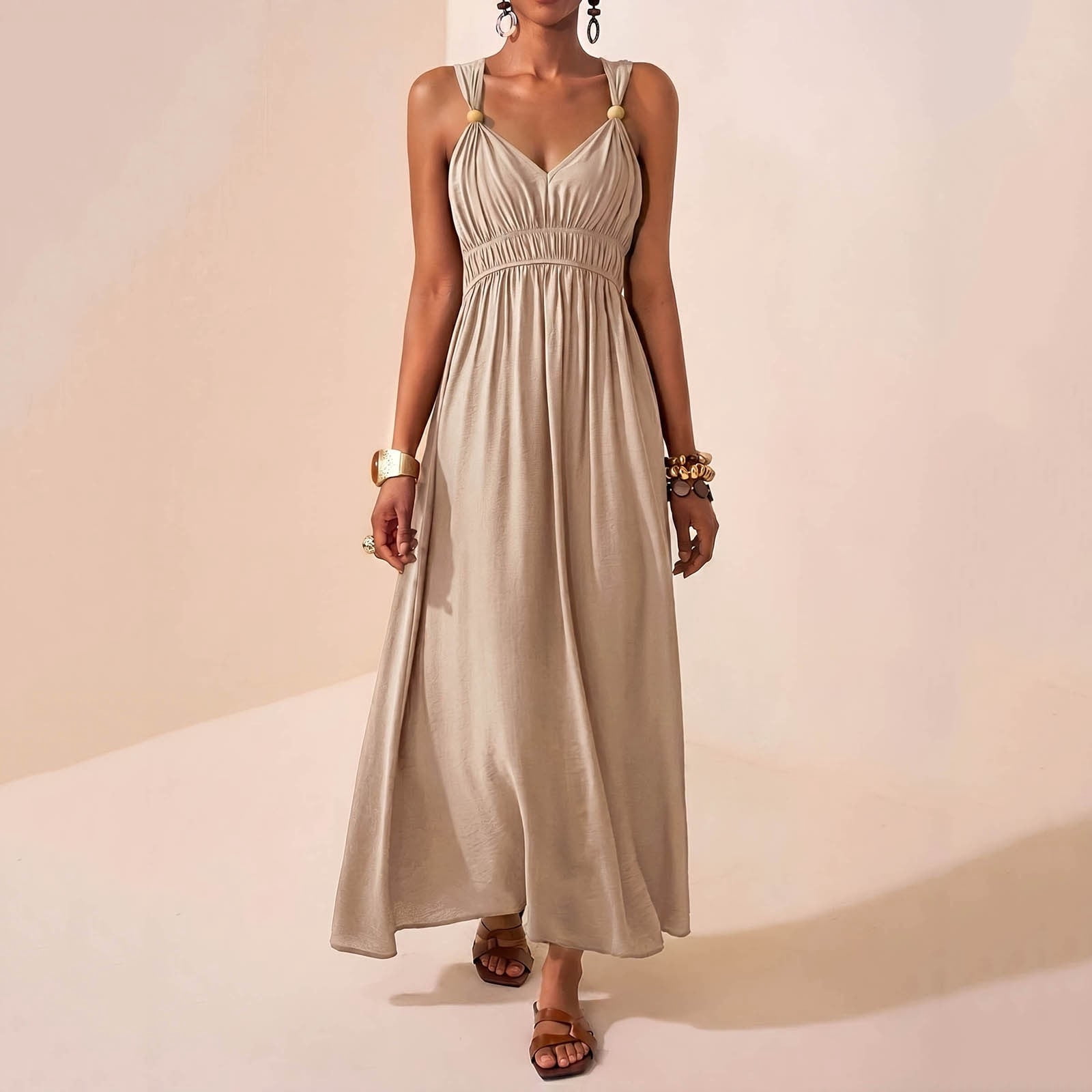 gold flowy dresses Sokhug Summer for Women 2026 Spaghetti Strap Maxi Dress with Bead Detail V-Neck Smocked Waist Long Dress collection-dresses