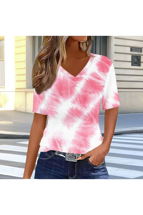 Summer Tops for Women Trendy V Neck Short Sleeve T Shirts Dressy Casual Blouses Cute Print Tees Vacation Outfits