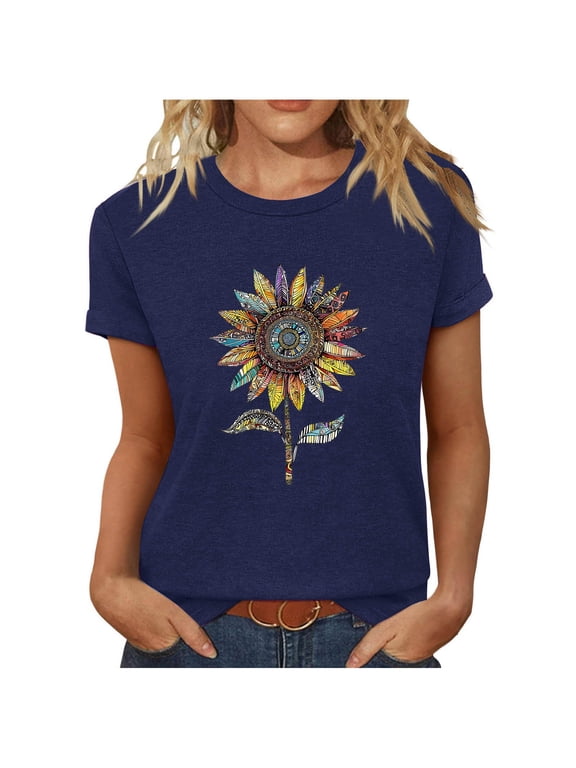 T Shirts for Women Crewneck Flowers Graphic Tees Summer Cute Shirts Short Sleeve Tops