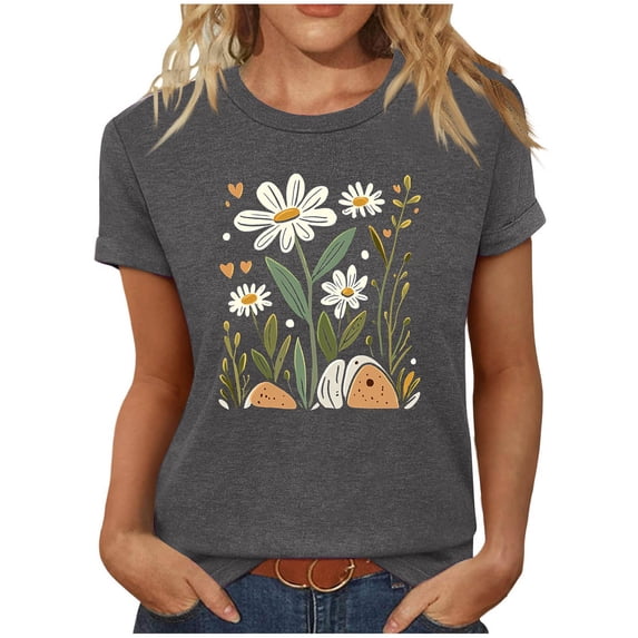 Sokhug T Shirts for Women Crewneck Flowers Graphic Tees Summer Cute Shirts Short Sleeve Tops