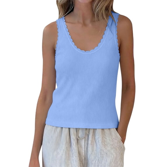 Sokhug Tank Top for Women's Scalloped Edge Ribbed V Neck Sleeveless Slim Fit Casual Cami Summer Tank Tops