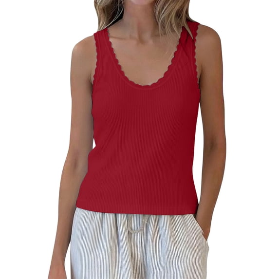 Sokhug Tank Top for Women's Scalloped Edge Ribbed V Neck Sleeveless Slim Fit Casual Cami Summer Tank Tops