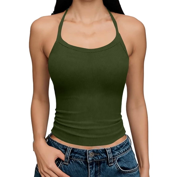 Sokhug Tank Tops for Womens Sleeveless Halter Neck Ribbed Fitted Casual Solid Summer Beach Crop Fashion Tops