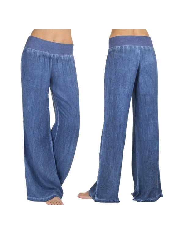 Texture Wide Leg Pants for Women Fold Over Elastic High Waist Casual Loose Trousers Outdoor Walking Daily Leisure Bottoms