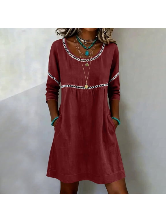 Tunic Dresses for Women 3/4 Sleeve Round Neck Lace Trim Casual Empire Waist with Pockets Summer Dresses