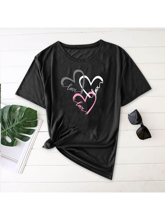 Valentine Shirts for Women 2026 Short Sleeve Heart Printed Graphic Tees Dressy Casual Summer Tops Basic T-Shirts