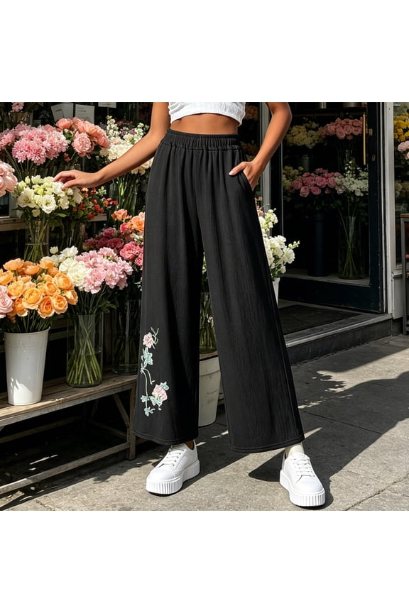 Wide Leg Cropped Pants for Women Print Linen Cotton Elastic Waist with Geometric Stitching and Pockets Casual Loose Fit Summer Culottes