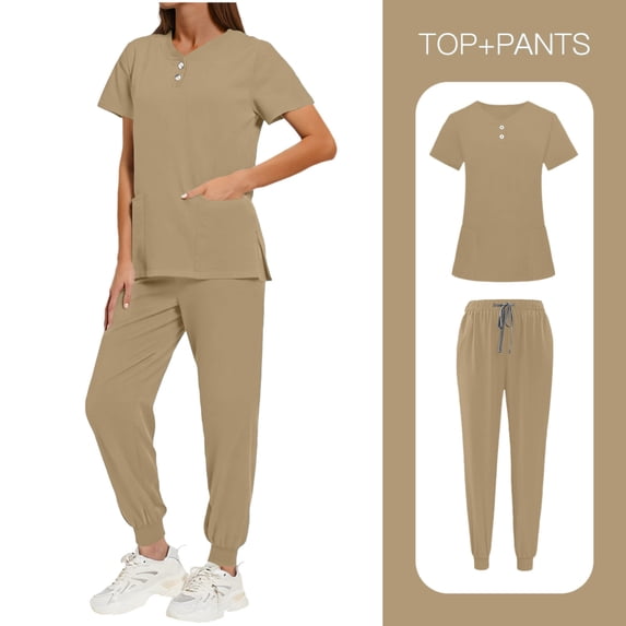Sokhug Women 2 Piece Short Sleeve Henley V Neck Scrub Set Top and Jogger Pants Uniform Outfit with Pockets