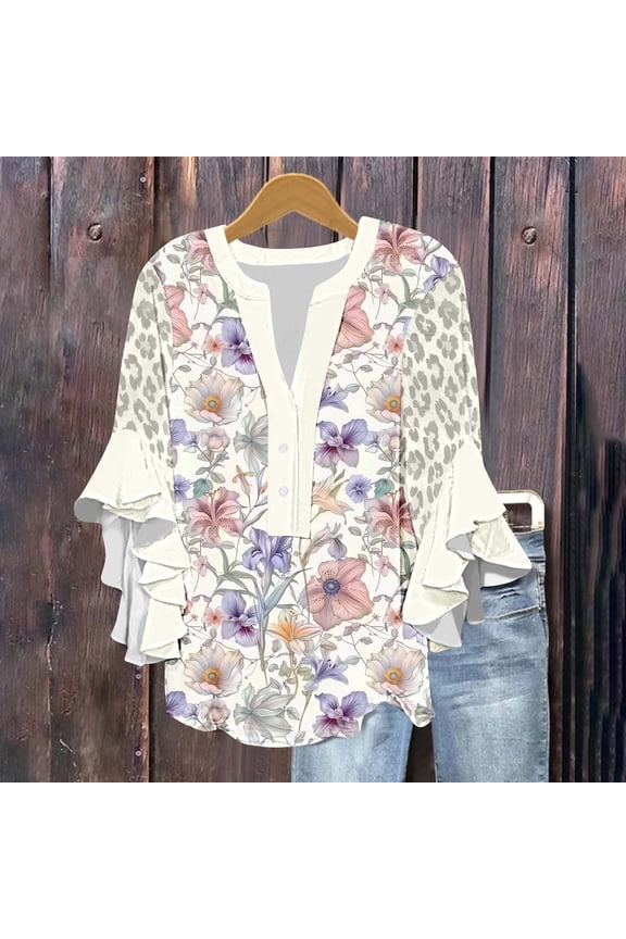 Women Blouses Boho Floral Print with 3/4 Ruffle Sleeves Wrinkle Free Tunic for Summer Beach Vacations