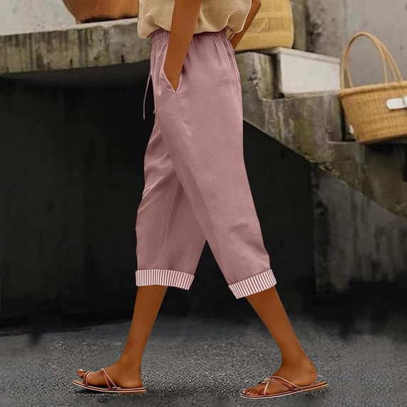 Sokhug Women Capri Pants Elastic Waist Drawstring with Striped Cuffs and Pockets Summer Cropped Trousers