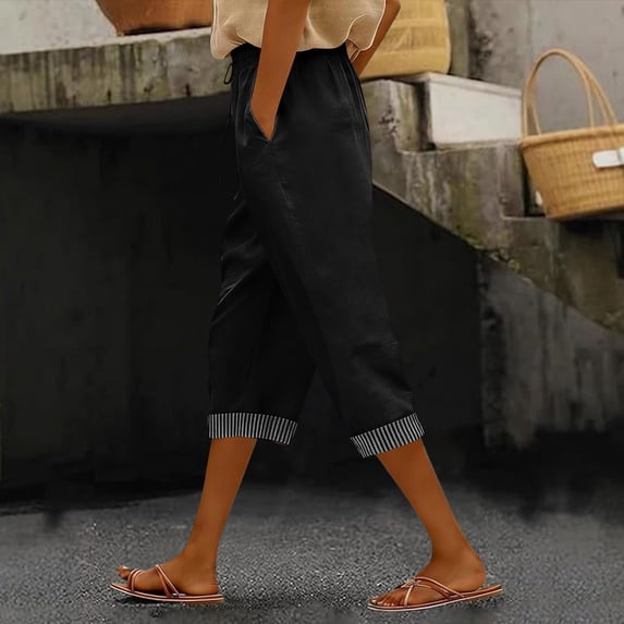 Sokhug Women Capri Pants Elastic Waist Drawstring with Striped Cuffs and Pockets Summer Cropped Trousers