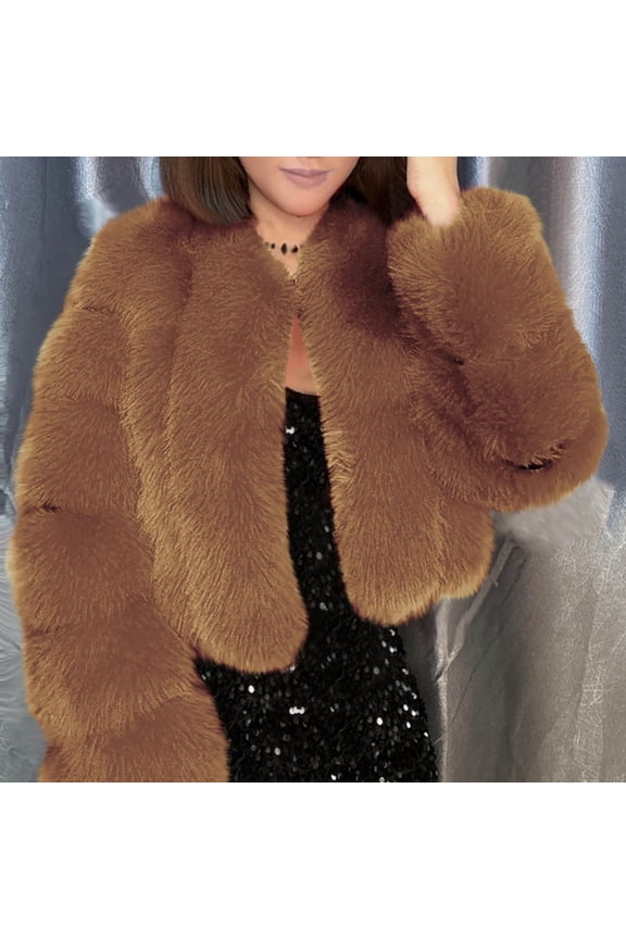 Women Faux Fur Jackets Winter Warm Puffy Loose Stand Collar Plush Fluffy Cropped Jacket