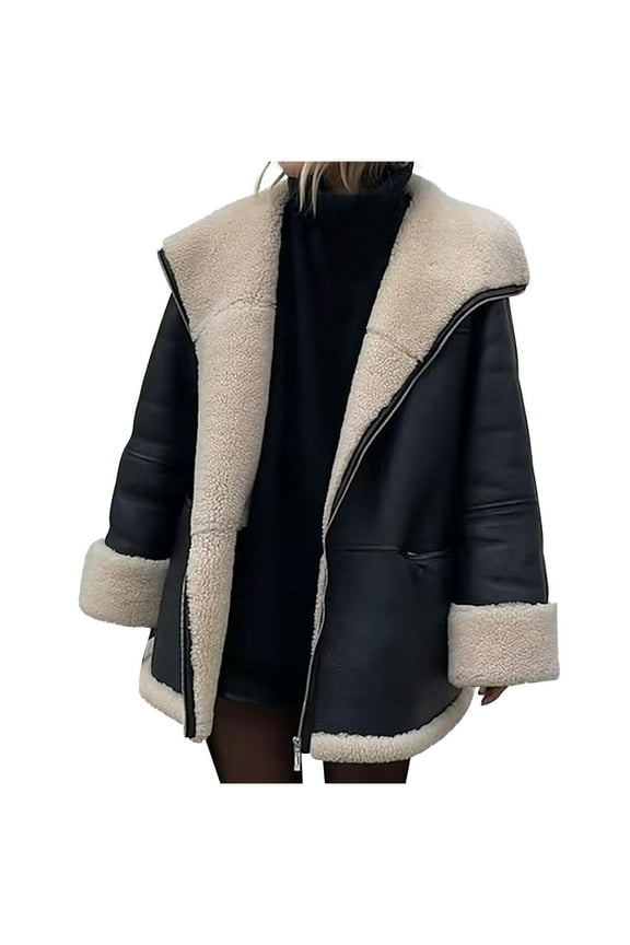 Women Faux Fur Leather Jacket Sherpa Lined Winter Coat Warm Zip Up Notched Collar Moto Bomber Jacket, Black