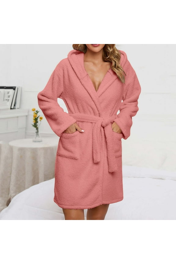 Women Fleece Robe Short Plush Robes for Womens with Hood Soft Warm Spa Bathrobe, S