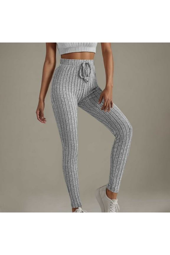 Women High Waist Stretchy Rib Knit Leggings Pants Solid Color Elastic Waist Casual Trousers