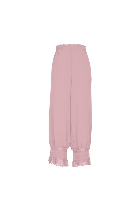 Women Lace Trim Long Bloomers Elastic Mid Rise Ruffle Pantaloons Cropped Flared Slips Pants Pajama Bottoms