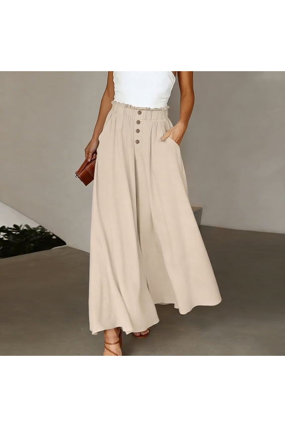 Women Maxi Pants Ruffle Elastic Waist Button Front Casual with Deep Side Pockets A Line Flowy Long Pants