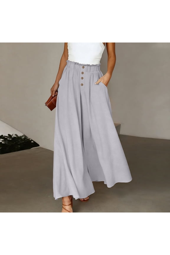 Women Maxi Pants Ruffle Elastic Waist Button Front Casual with Deep Side Pockets A Line Flowy Long Pants