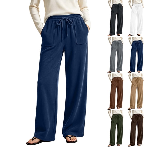 Sokhug Women Ribbed Knit Wide Leg Pants Drawstring Elastic Waist Casual Trousers With Patch Pockets Casual Solid Color Lounge Trousers