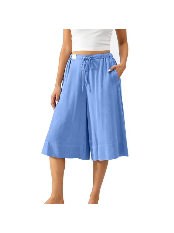 Women Wide Leg Capri Pants Cotton Elastic Waist Drawstring Culottes Casual Solid with Deep Side Pockets Cropped Pants