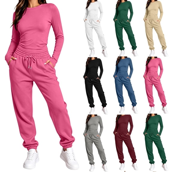 Sokhug Women's 2 Piece Outfits Long Sleeve Round Neck Top and Drawstring Jogger Pants Loungewear Set Casual Solid Color Soft Tracksuit Set
