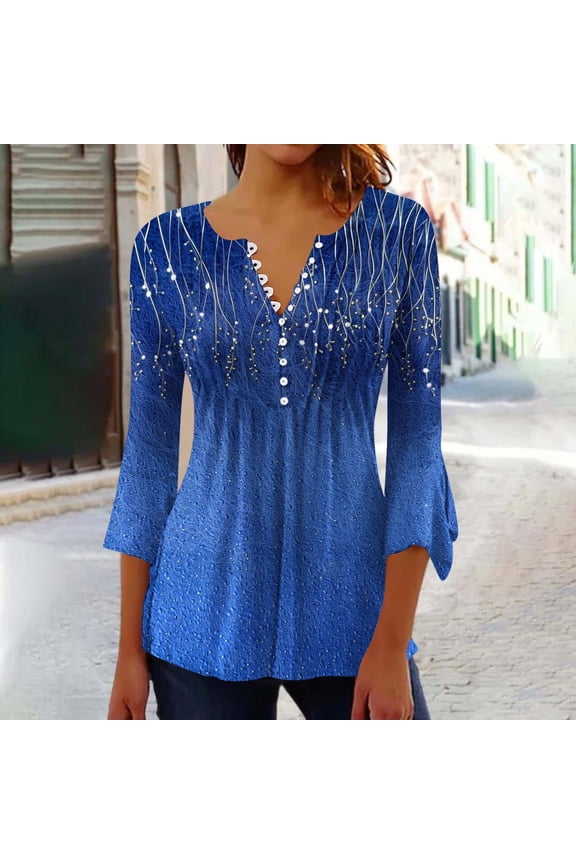 Women's 3/4 Sleeve Blouses V Neck Sequin Print Button Down Flowy Shirts Casual Tops Pleated Tunic Blouses