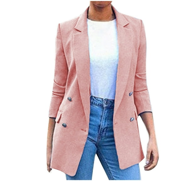 Sokhug Women's Blazer Open Front Cardigan Jacket Work Office Blazer Solid Color Long Sleeved Lapel Suit Jacket, Pink