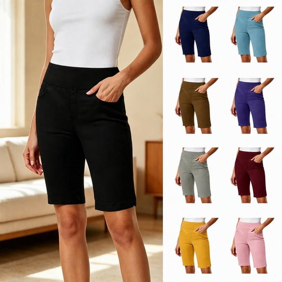 Sokhug Women's Capri Bermuda Shorts High Waisted Pull-On Elastic Waist with Pockets Casual Solid Color Summer Shorts
