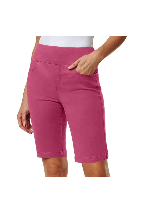 Women's Capri Bermuda Shorts High Waisted Pull-On Elastic Waist with Pockets Casual Solid Color Summer Shorts