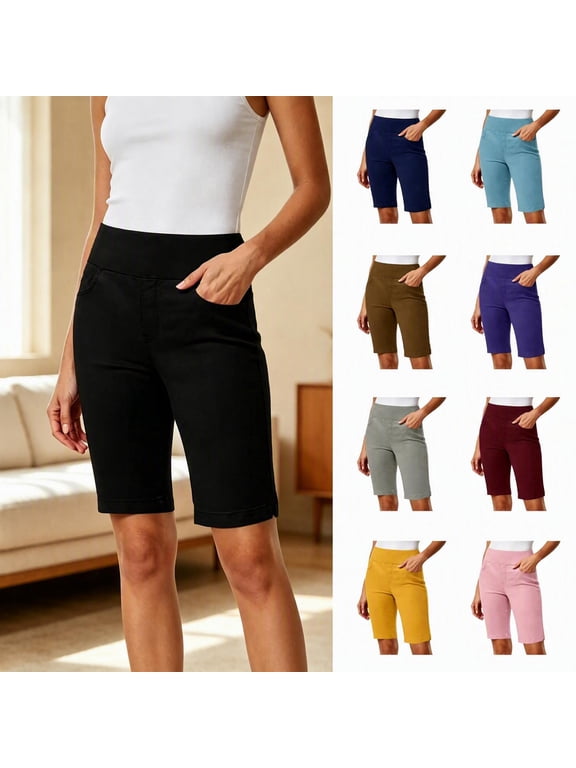 Women's Capri Bermuda Shorts High Waisted Pull-On Elastic Waist with Pockets Solid Color Summer Casual Shorts