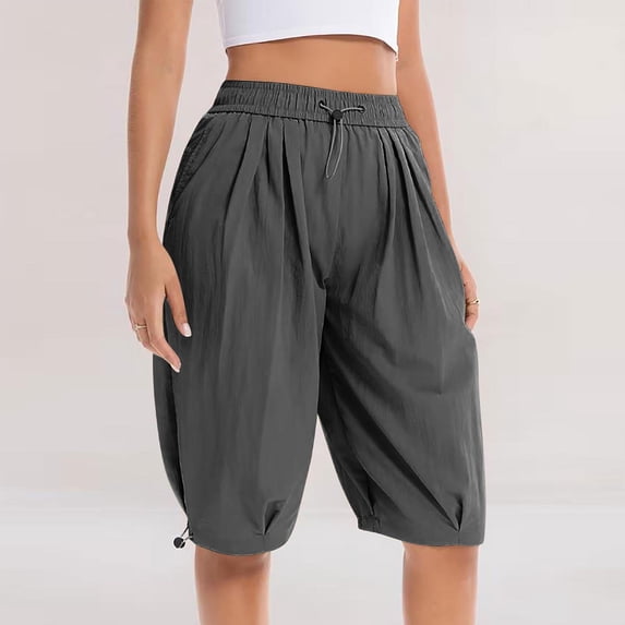 Sokhug Women's Capri Pants Elastic Waist Drawstring Summer Solid Cropped Balloon Pants with Side Pockets