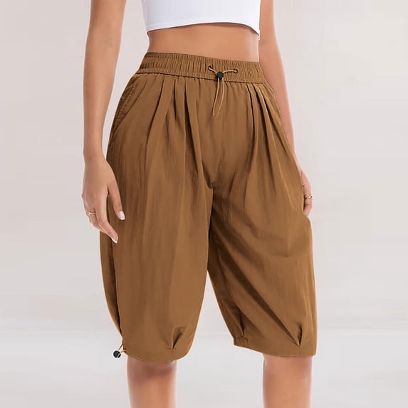 Sokhug Women's Capri Pants Elastic Waist Drawstring Summer Solid Cropped Balloon Pants with Side Pockets