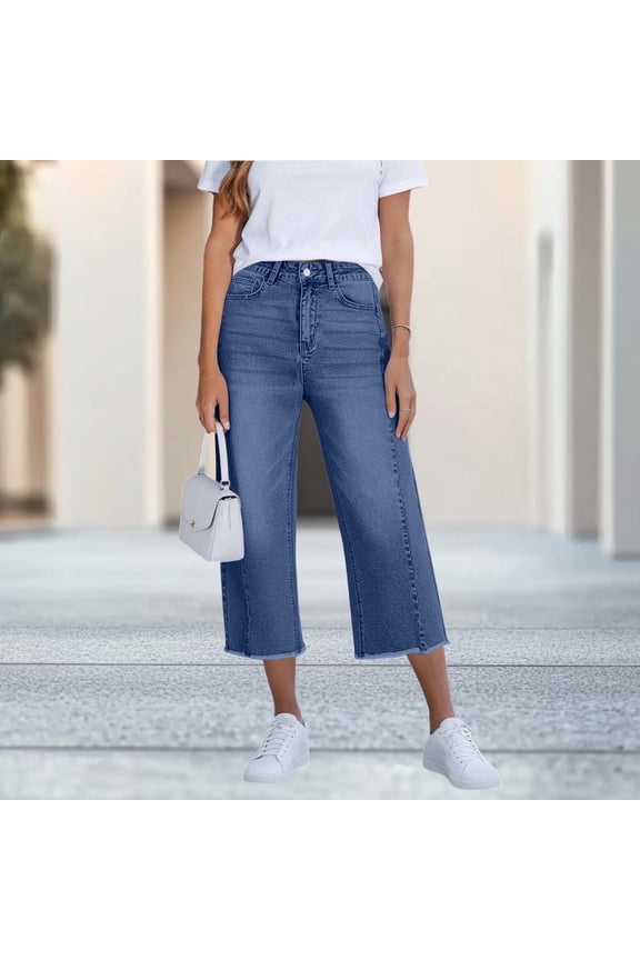 Women's Denim Capri Pants Mid Waist Raw Hem Casual with Side Pockets Loose Fit Cropped Denim Trousers