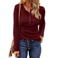 thumbnail image 1 of Sokhug Women's Fall Waffle-Knit Button Top Long Sleeve Crew Neck Solid Color Casual Shirt Trendy Ribbed Cuff Design, 1 of 4