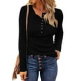 thumbnail image 1 of Sokhug Women's Fall Waffle-Knit Button Top Long Sleeve Crew Neck Solid Color Casual Shirt Trendy Ribbed Cuff Design, 1 of 4