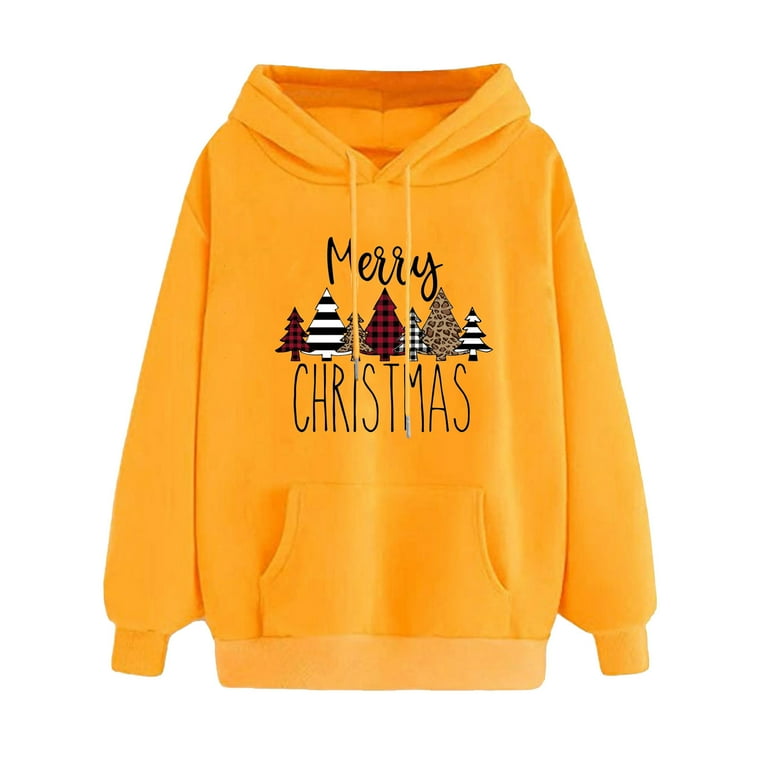 Sokhug Women s Fall Winter Sweatshirts Print Hoodie Pullover Tops Long Sleeved Comfortable Sweatshirt Size XL Yellow