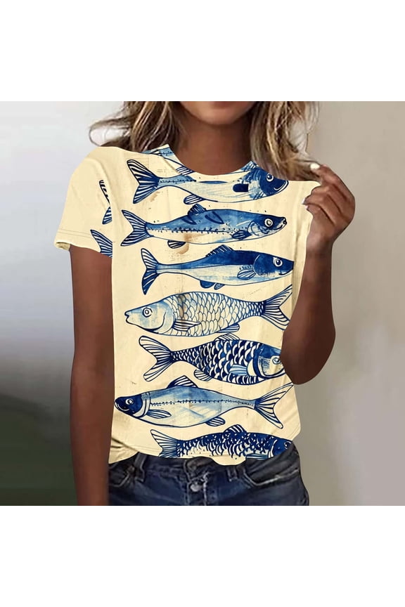 Women's Fashion T-Shirts Funny Fish Graphic Crew Neck Tees Summer Casual Lightweight Breathable Athletic Tops