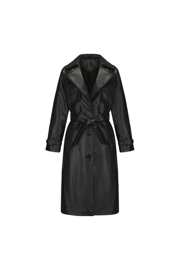 Women's Faux Leather Trench Coat Ladies Long Sleeve Cardigan Long Leather Over Coat with Belt, Black