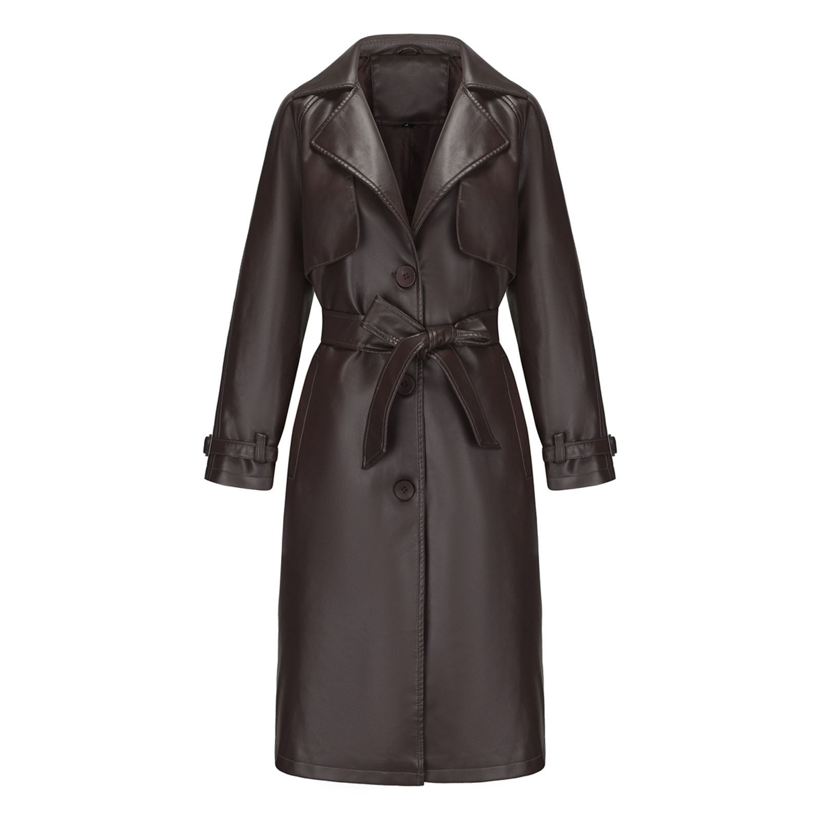 Sokhug Women's Faux Leather Trench Coat Ladies Long Sleeve Cardigan Long Leather Over Coat with Belt, Coffee