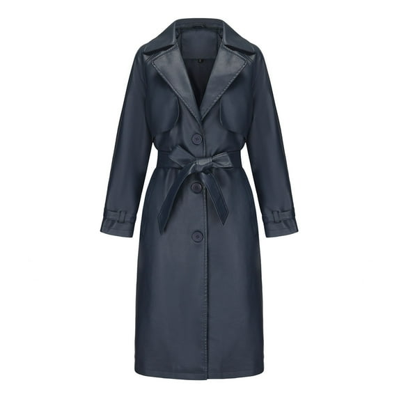 Sokhug Women's Faux Leather Trench Coat Ladies Long Sleeve Cardigan Long Leather Over Coat with Belt, Navy