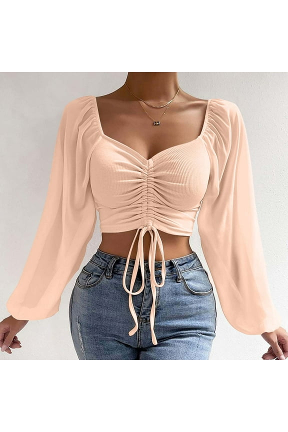 Women's Front Ruched Crop Top Sweetheart Neck Long Puff Sleeve Blouse Tie Drawstring Ruched Ribbed Shirts