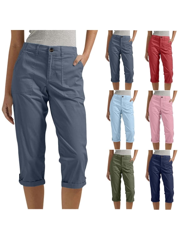 Women's High Waist Utility Cargo Capri Pants Roll Tab Cuff Patch Pockets Solid Color Elastic Waist Comfortable Casual Cropped Trousers