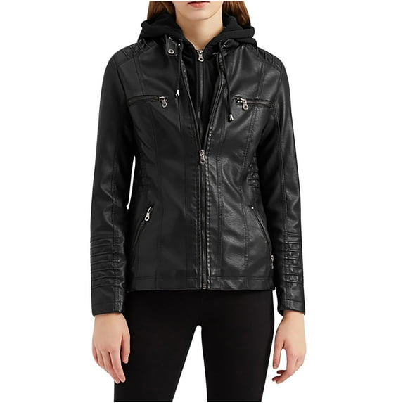 Sokhug Women's Hooded Faux Leather Jacket Moto Biker Coat, Black