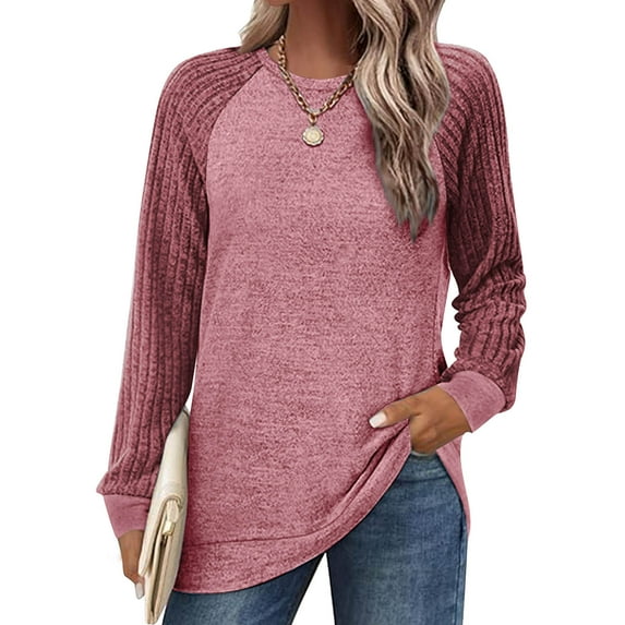 Sokhug Women's Knitted Sweater Color Block Tunic Long Sleeve Shirt Pullover Fall Top, Pink