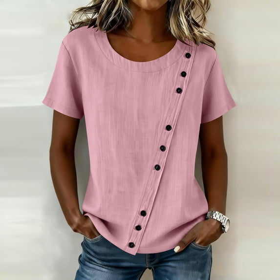 Sokhug Women's Linen Cotton Casual Round Neck Short Sleeve Blouse Asymmetrical Button Down Shirt Loose Fit Top for Women